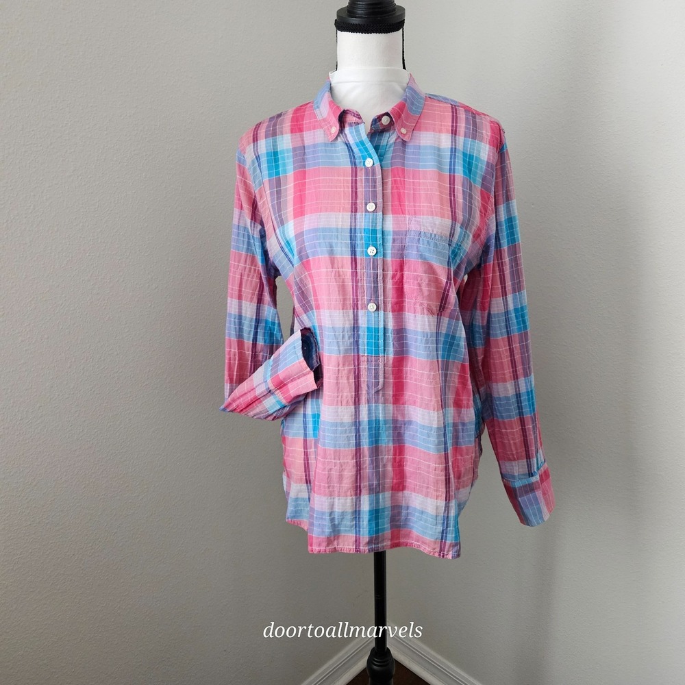 J. Crew Plaid Light Airy Shirt Buttons Cotton Stretch Pink/Blue Coastal sz 8 NWT